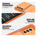 Orange phone case forSamsung M17 5G showing camera safety edges, anti slip side grip and easy press button covers.