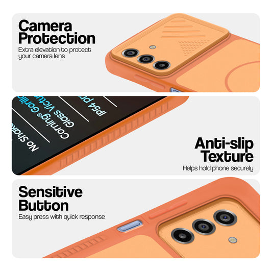 Orange phone case forSamsung M17 5G showing camera safety edges, anti slip side grip and easy press button covers.