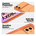 Orange phone case for Samsung M17e 5G showing camera safety edges, anti slip side grip and easy press button covers.