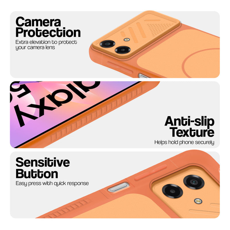 Orange phone case for Samsung M17e 5G showing camera safety edges, anti slip side grip and easy press button covers.