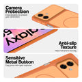 Orange Phone case for Samsung M17e 5G highlighting raised camera protection, anti-slip texture, and responsive side buttons