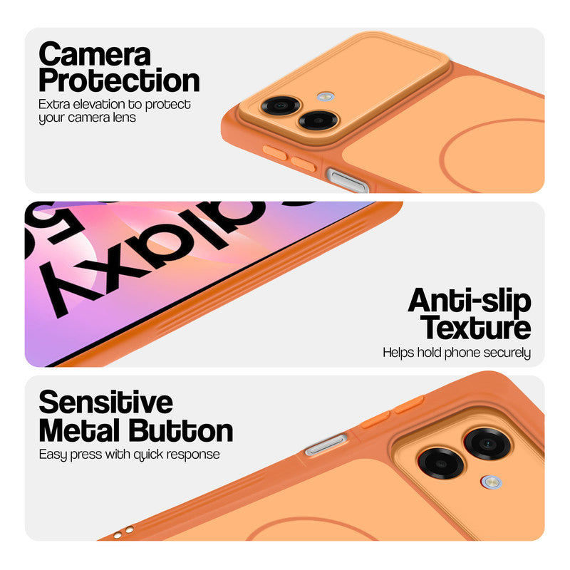 Orange Phone case for Samsung M17e 5G highlighting raised camera protection, anti-slip texture, and responsive side buttons