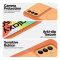 Orange phone case for Samsung M47 5G showing camera safety edges, anti slip side grip and easy press button covers.