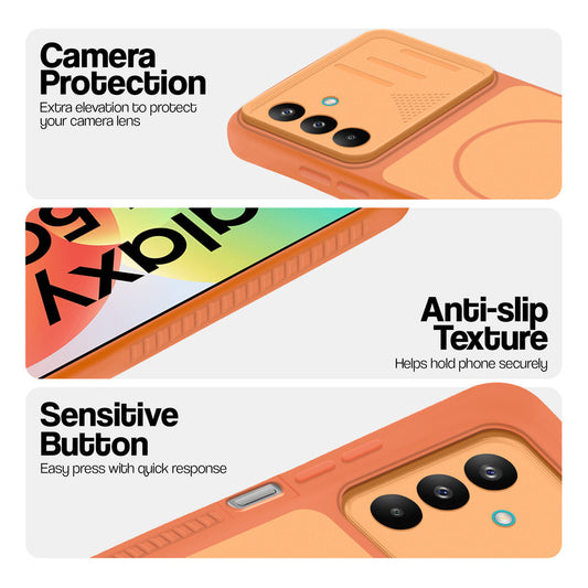Orange phone case for Samsung M47 5G showing camera safety edges, anti slip side grip and easy press button covers.