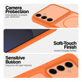 Orange phone case for Samsung S24 FE 5G showing camera safety edges, anti slip side grip and easy press button covers.