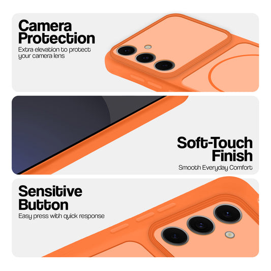 Orange phone case for Samsung S24 FE 5G showing camera safety edges, anti slip side grip and easy press button covers.