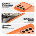 Orange phone case for Samsung S24 Ultra 5G showing camera safety edges, anti slip side grip and easy press button covers.