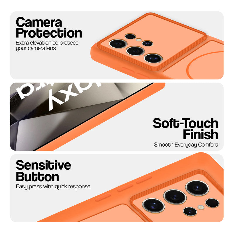 Orange phone case for Samsung S24 Ultra 5G showing camera safety edges, anti slip side grip and easy press button covers.