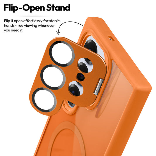 Samsung S25 Ultra 5G Case with MagSafe Compatibility, Flip-Open Camera Cover Stand, Glossy Glass Back & Metallic Buttons