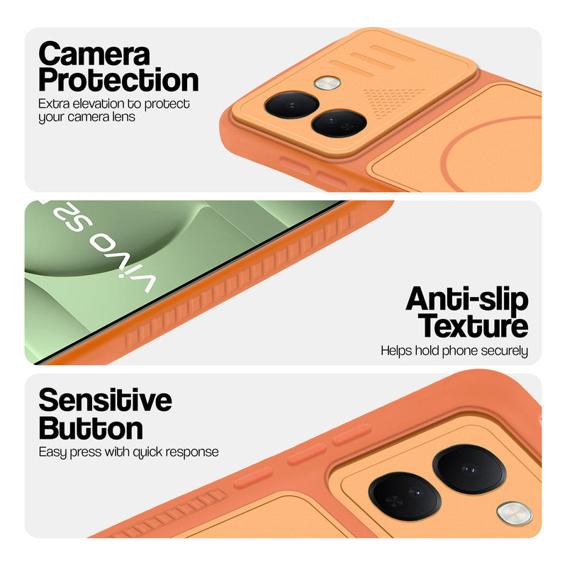 Orange phone case for Vivo S2 FE 5G showing camera safety edges, anti slip side grip and easy press button covers.