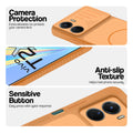 Orange phone case for Vivo T2x 5G showing camera safety edges, anti slip side grip and easy press button covers.