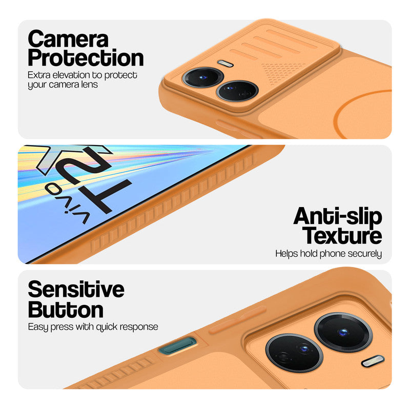 Orange phone case for Vivo T2x 5G showing camera safety edges, anti slip side grip and easy press button covers.