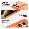 Orange phone case for Vivo T4 Pro 5G showing camera safety edges, anti slip side grip and easy press button covers.