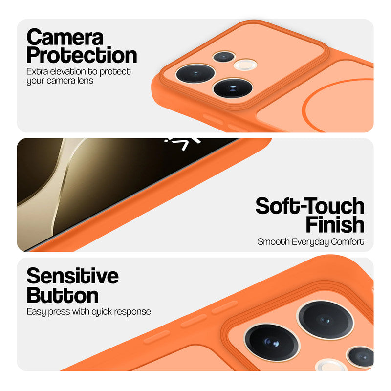 Orange phone case for Vivo T4 Pro 5G showing camera safety edges, anti slip side grip and easy press button covers.
