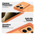 Orange phone case for Vivo T4 Pro 5G showing camera safety edges, anti slip side grip and easy press button covers.