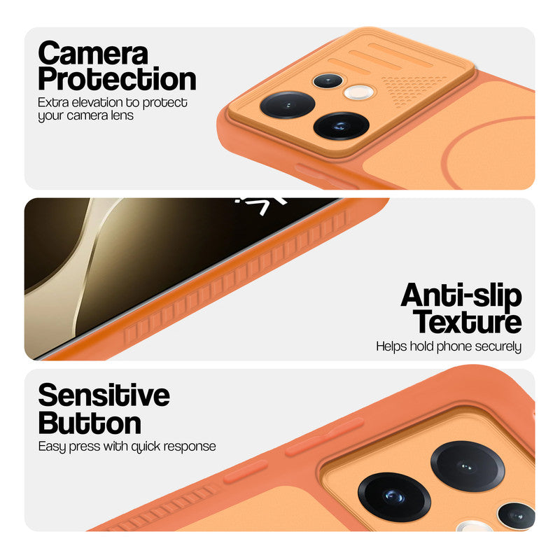 Orange phone case for Vivo T4 Pro 5G showing camera safety edges, anti slip side grip and easy press button covers.