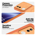 Orange phone case for Vivo T4R 5G showing camera safety edges, anti slip side grip and easy press button covers.