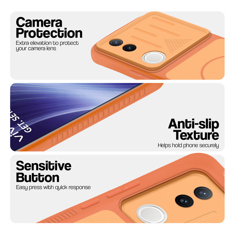 Orange phone case for Vivo T4R 5G showing camera safety edges, anti slip side grip and easy press button covers.