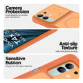 Orange phone case for Vivo T4x 5G showing camera safety edges, anti slip side grip and easy press button covers.