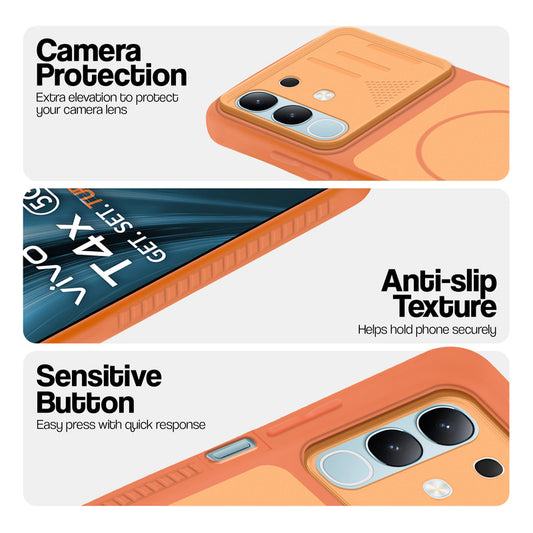 Orange phone case for Vivo T4x 5G showing camera safety edges, anti slip side grip and easy press button covers.