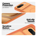 Orange phone case for Vivo T5 5G showing camera safety edges, anti slip side grip and easy press button covers.