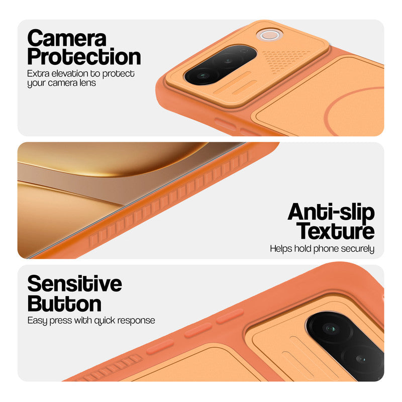 Orange phone case for Vivo T5 5G showing camera safety edges, anti slip side grip and easy press button covers.