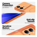Orange phone case for Vivo T5 Lite 5G showing camera safety edges, anti slip side grip and easy press button covers.