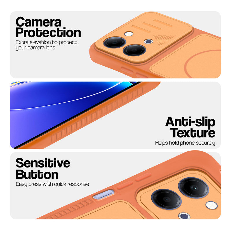 Orange phone case for Vivo T5 Lite 5G showing camera safety edges, anti slip side grip and easy press button covers.