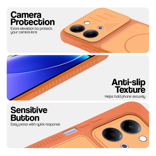 Orange phone case for Vivo T5 Lite 5G showing camera safety edges, anti slip side grip and easy press button covers.