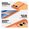 Orange phone case for Vivo T5 Pro 5G showing camera safety edges, anti slip side grip and easy press button covers.