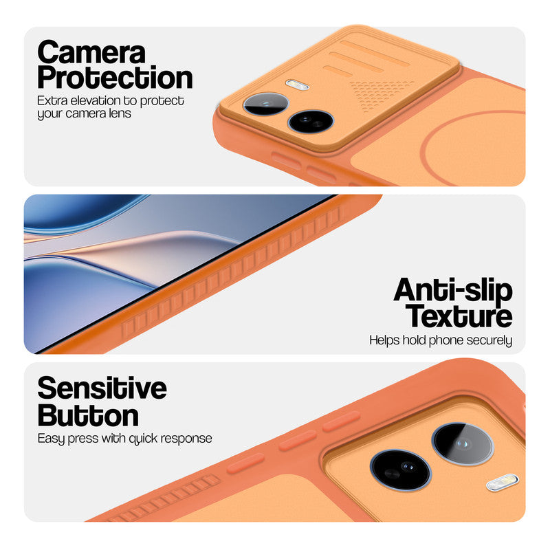 Orange phone case for Vivo T5 Pro 5G showing camera safety edges, anti slip side grip and easy press button covers.