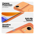 Orange phone case for Vivo T5e 5G showing camera safety edges, anti slip side grip and easy press button covers.