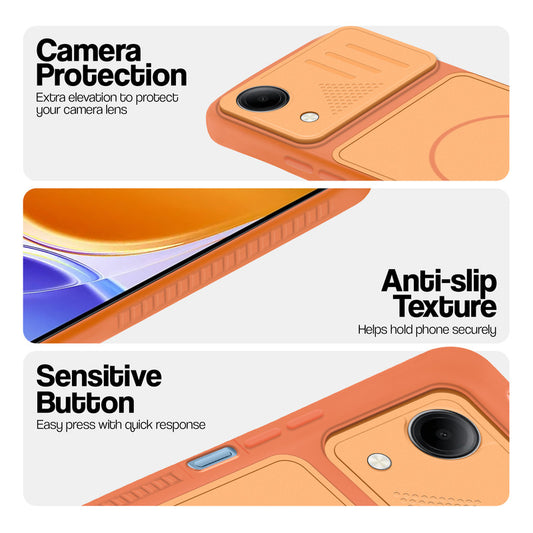 Orange phone case for Vivo T5e 5G showing camera safety edges, anti slip side grip and easy press button covers.