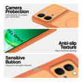 Orange phone case for Vivo T5x 5G showing camera safety edges, anti slip side grip and easy press button covers.