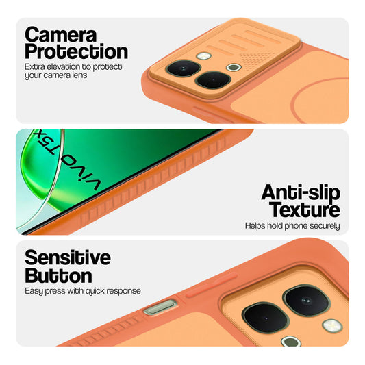 Orange phone case for Vivo T5x 5G showing camera safety edges, anti slip side grip and easy press button covers.