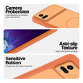 Orange phone case for Vivo V20 showing camera safety edges, anti slip side grip and easy press button covers.