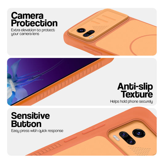 Orange phone case for Vivo V20 showing camera safety edges, anti slip side grip and easy press button covers.