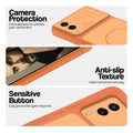 Orange phone case for Vivo V21e 5G showing camera safety edges, anti slip side grip and easy press button covers.