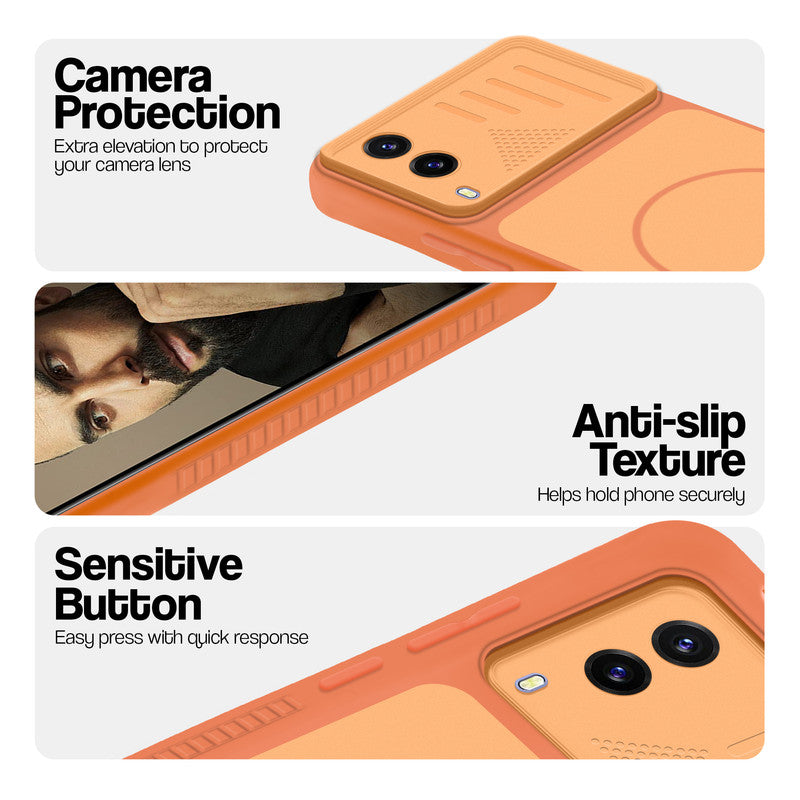 Orange phone case for Vivo V21e 5G showing camera safety edges, anti slip side grip and easy press button covers.