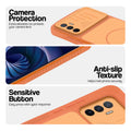Orange phone case for Vivo V23e 5G showing camera safety edges, anti slip side grip and easy press button covers.