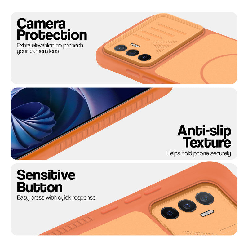 Orange phone case for Vivo V23e 5G showing camera safety edges, anti slip side grip and easy press button covers.