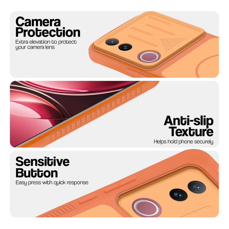 Orange phone case for Vivo V50 5G showing camera safety edges, anti slip side grip and easy press button covers.
