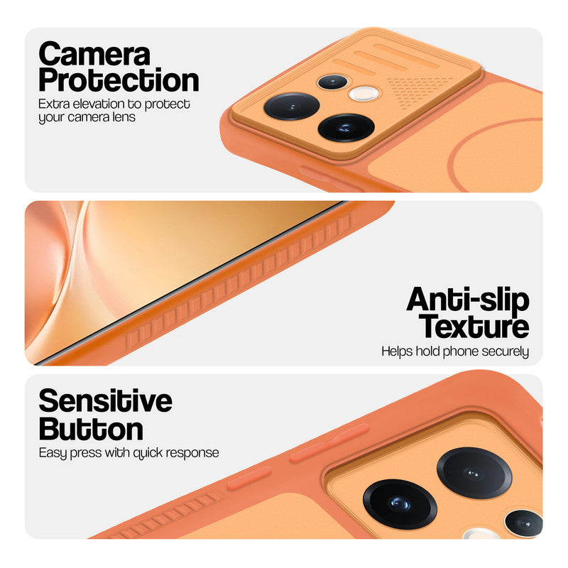 Orange phone case for Vivo V60 5G showing camera safety edges, anti slip side grip and easy press button covers.