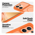Orange phone case for Vivo V60 5G showing camera safety edges, anti slip side grip and easy press button covers.