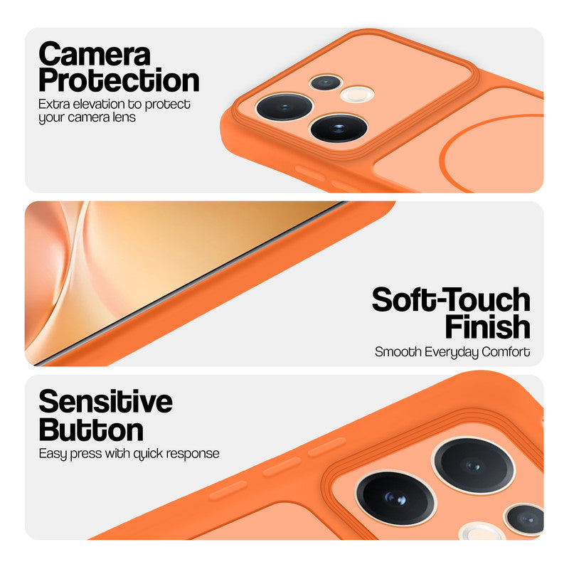 Orange phone case for Vivo V60 5G showing camera safety edges, anti slip side grip and easy press button covers.