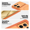Orange phone case for Vivo V60E 5G showing camera safety edges, anti slip side grip and easy press button covers.