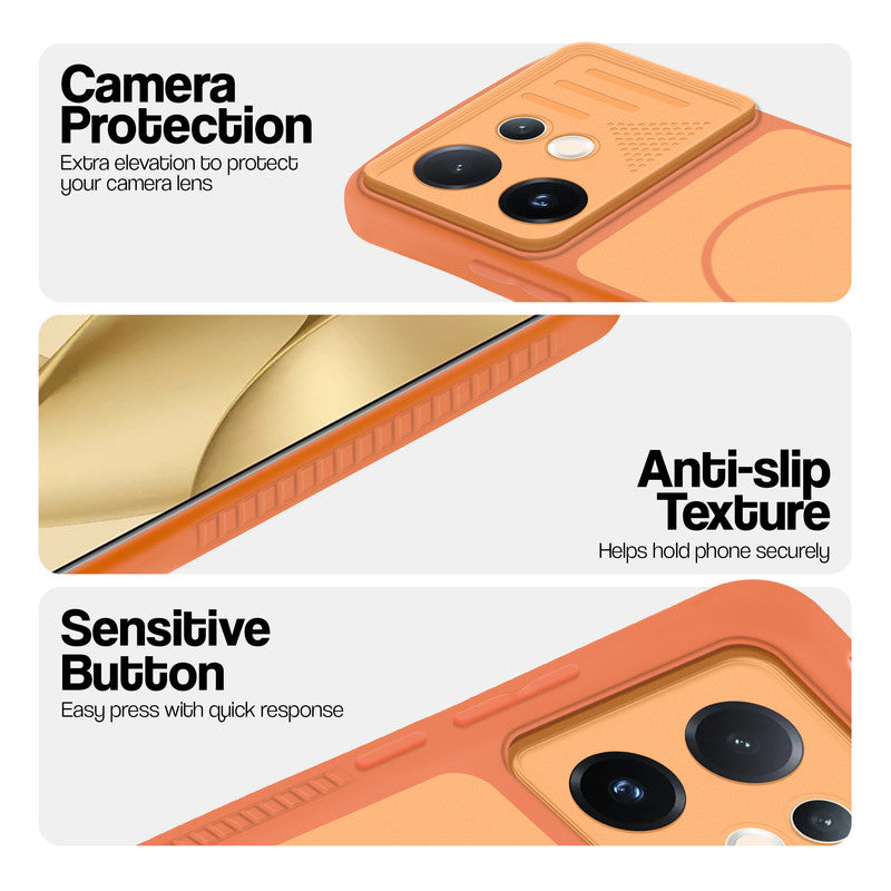 Orange phone case for Vivo V60E 5G showing camera safety edges, anti slip side grip and easy press button covers.