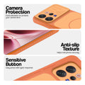 Orange phone case for Vivo V70 5G showing camera safety edges, anti slip side grip and easy press button covers.