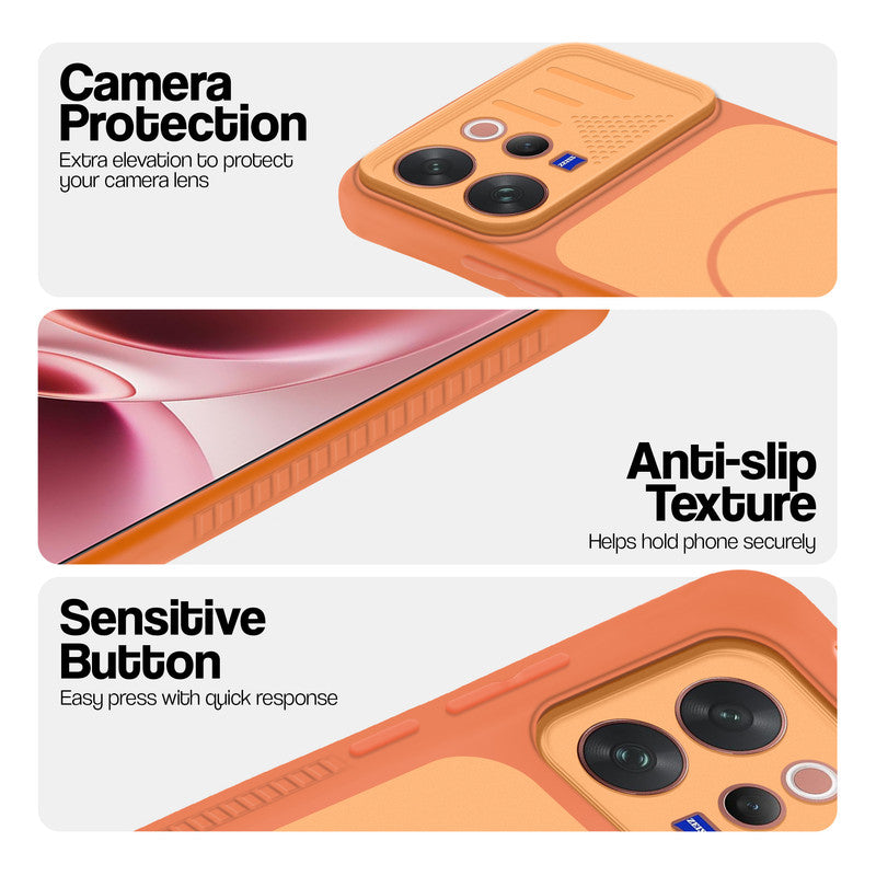 Orange phone case for Vivo V70 5G showing camera safety edges, anti slip side grip and easy press button covers.