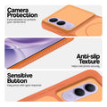 Orange phone case for Vivo V70 FE 5G showing camera safety edges, anti slip side grip and easy press button covers.